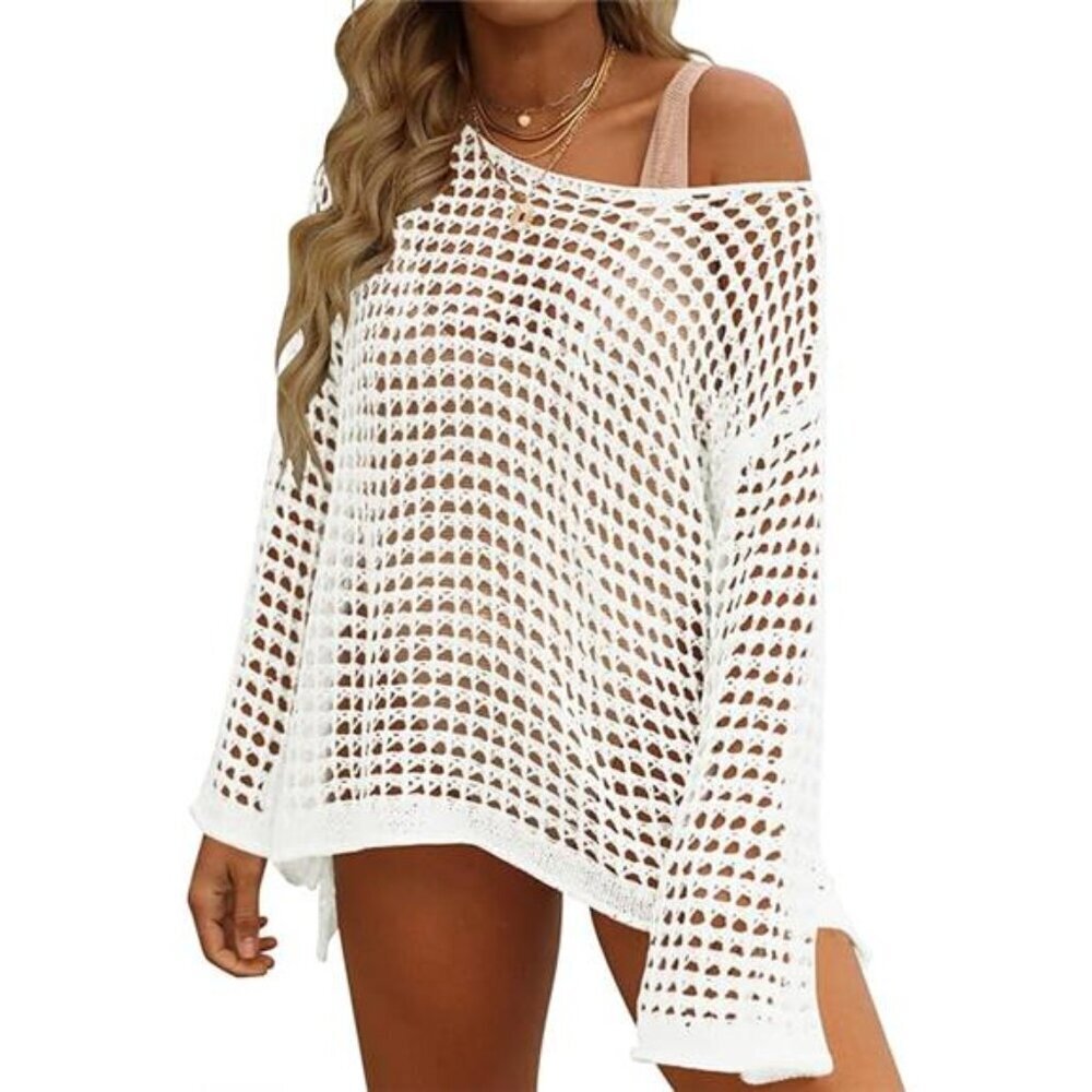 Women's Summer Hollow Out Mesh Beach Bikini Cover Up Tunic Top - Picture 7 of 7